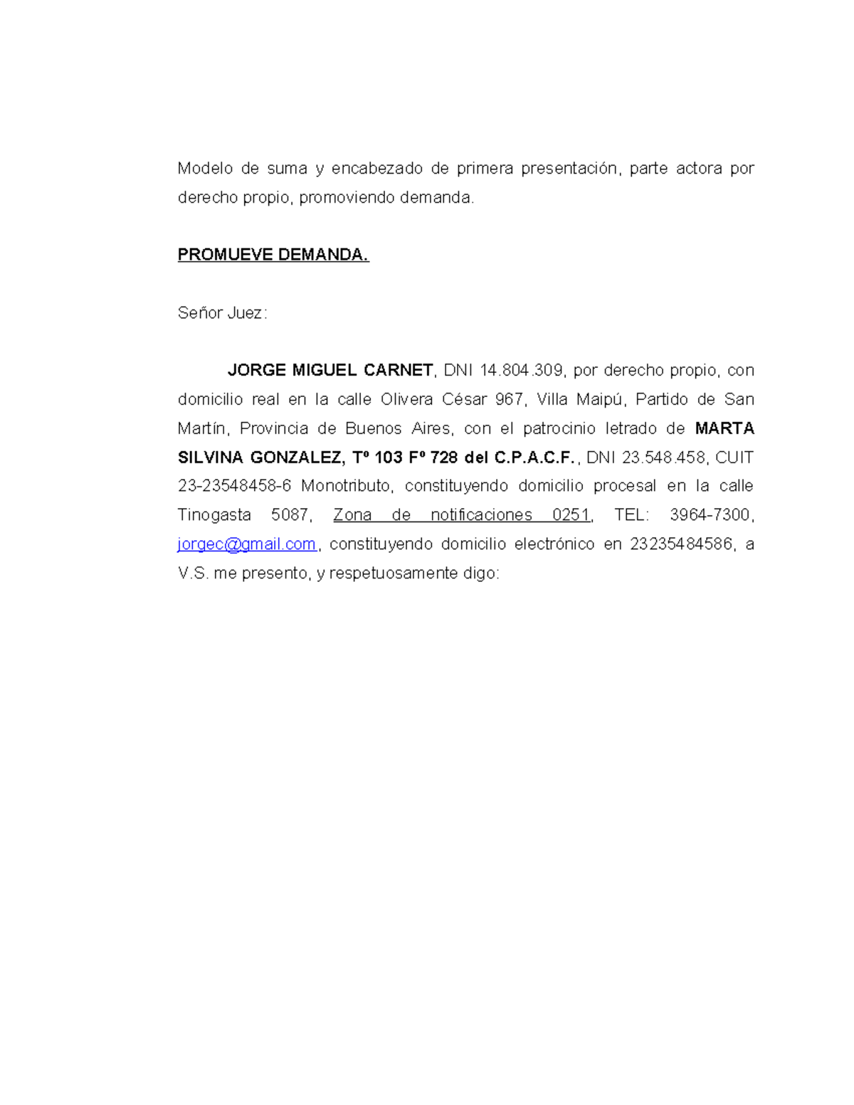 Primera. Presentacion. Actora - Modelo de suma y encabezado de primera ...