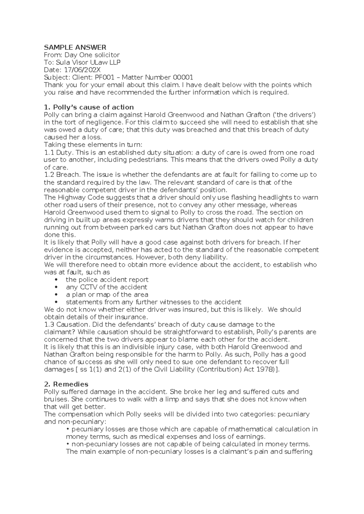 CM 00001 Sample Answer: Tort of Negligence Case Analysis - Studocu