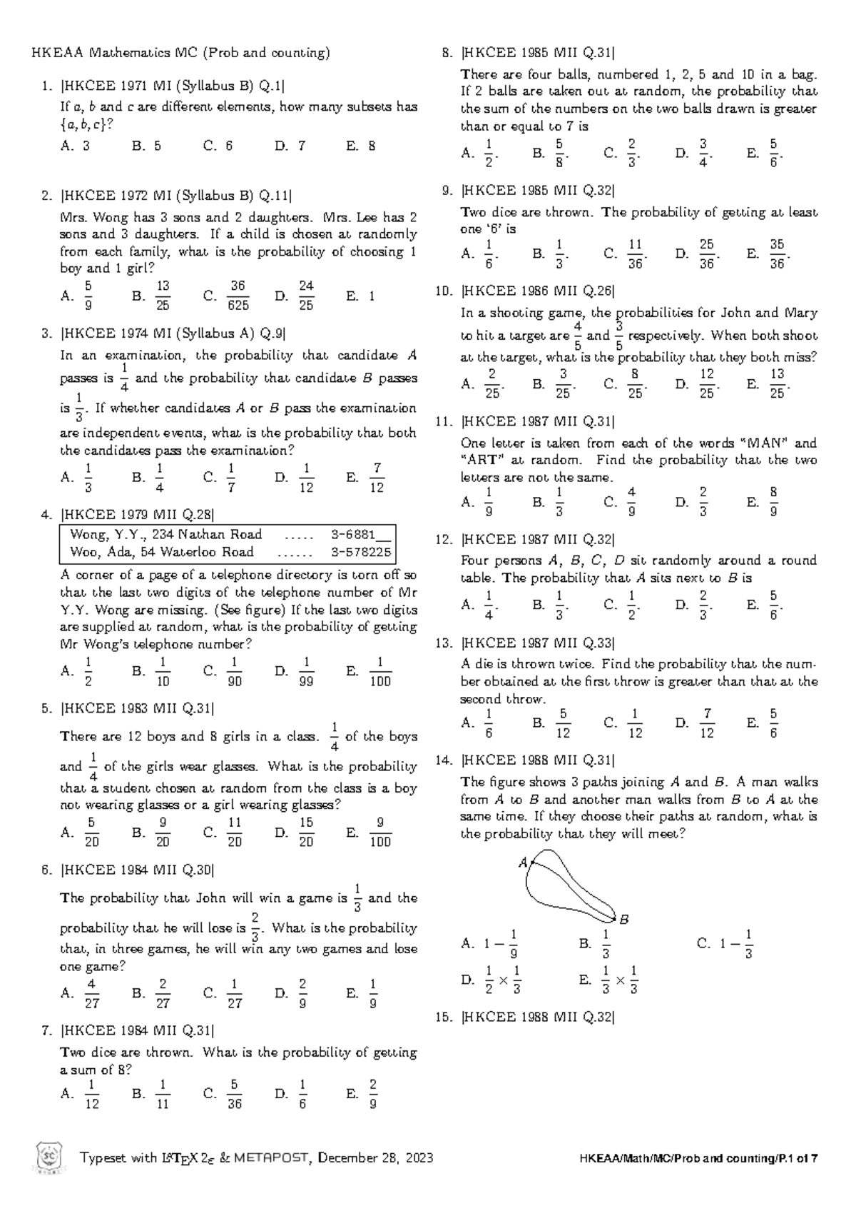 23 HKEAA M Math MC Probability and Counting Study Guide - Studocu
