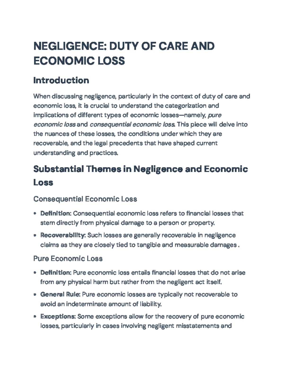 Negligence in Tort Law: Duty of Care and Economic Loss Analysis ...