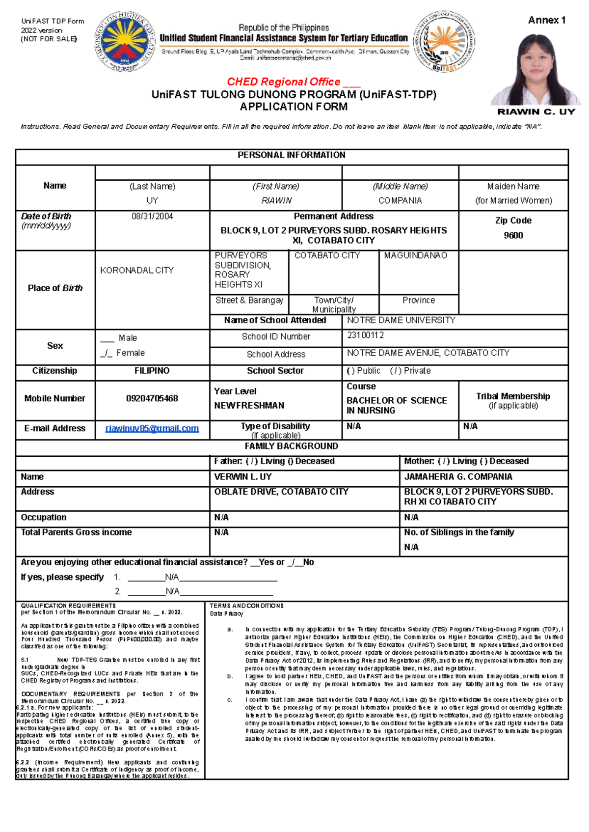 UniFAST-TDP Application Form Annex 1 - 2022 Version (Not for Sale ...