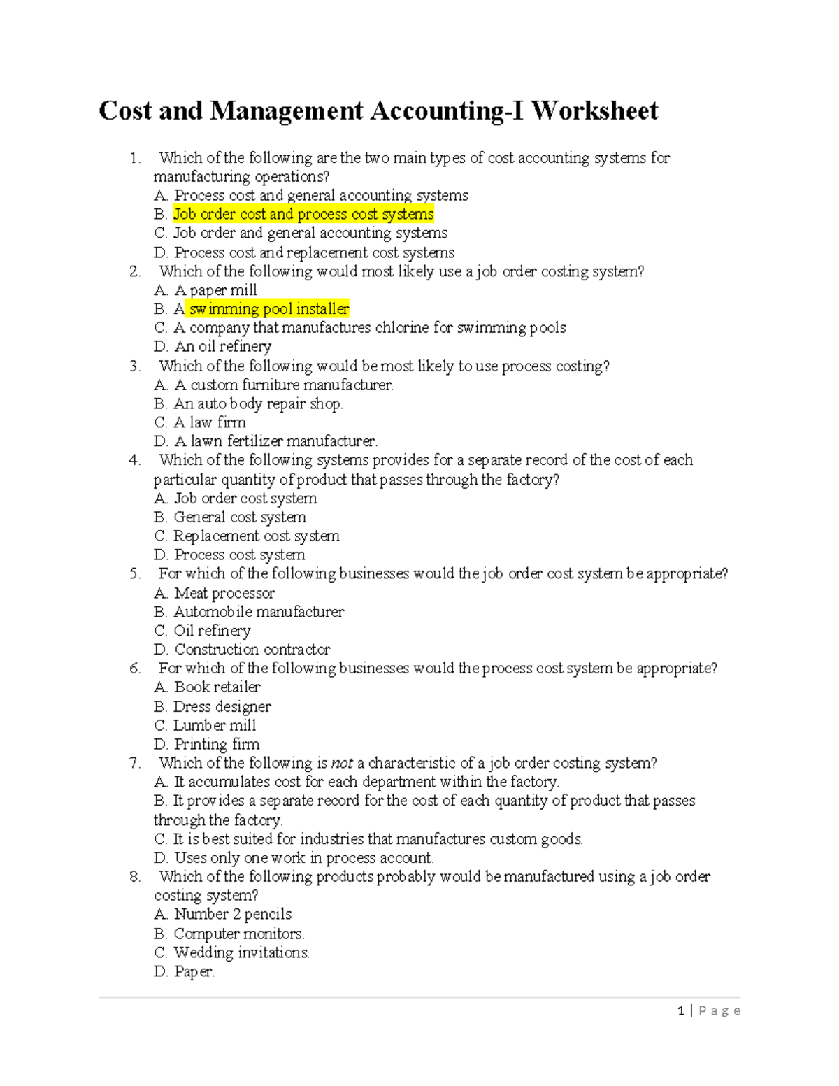 Cost worksheet - Best work sheet - Cost and Management Accounting-I ...
