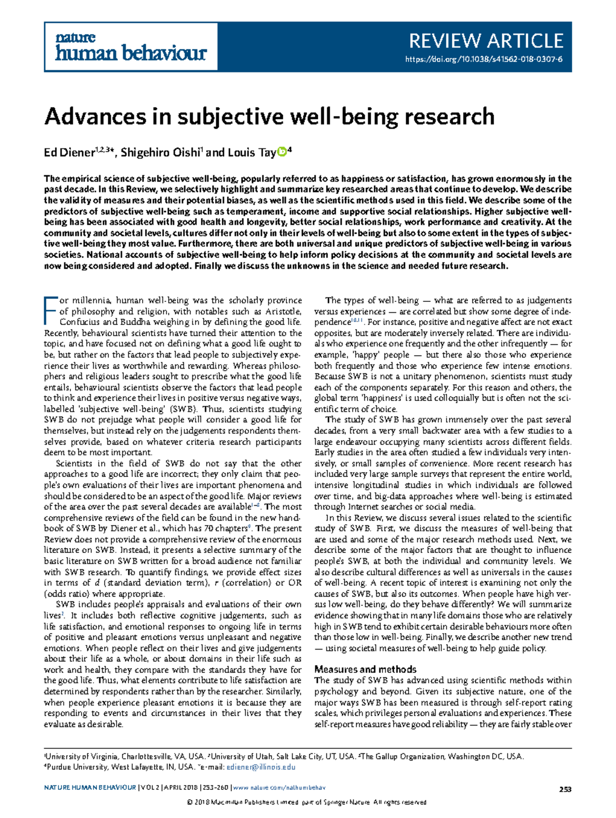 Review Article: Advances in Subjective Wellbeing Research (S41562-018 ...
