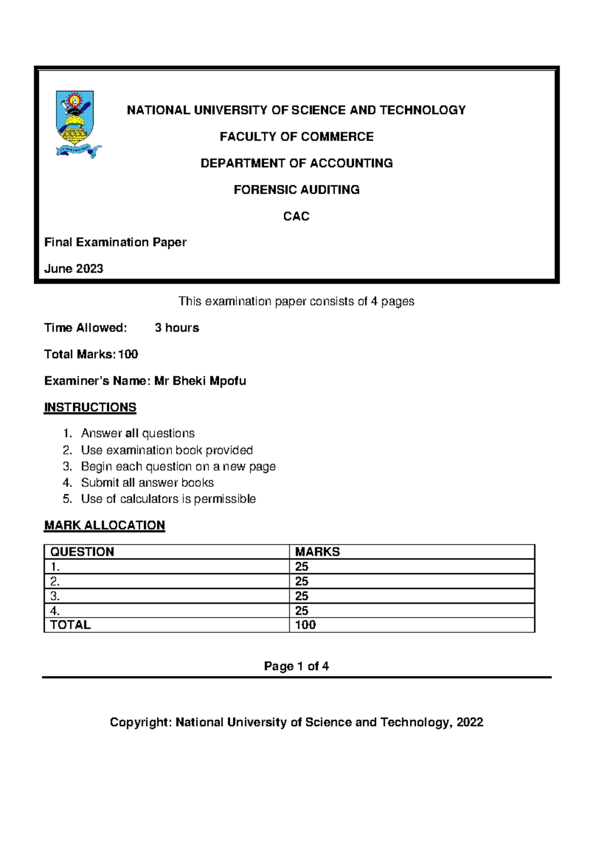 CAC Forensic Auditing Final Exam Paper - June 2023 - Studocu