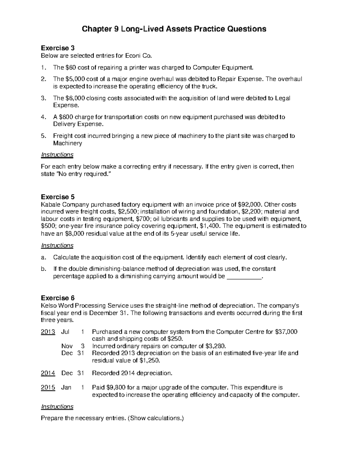 Chapter 9 Long-Lived Assets: Practice Questions & Exercises - Studocu