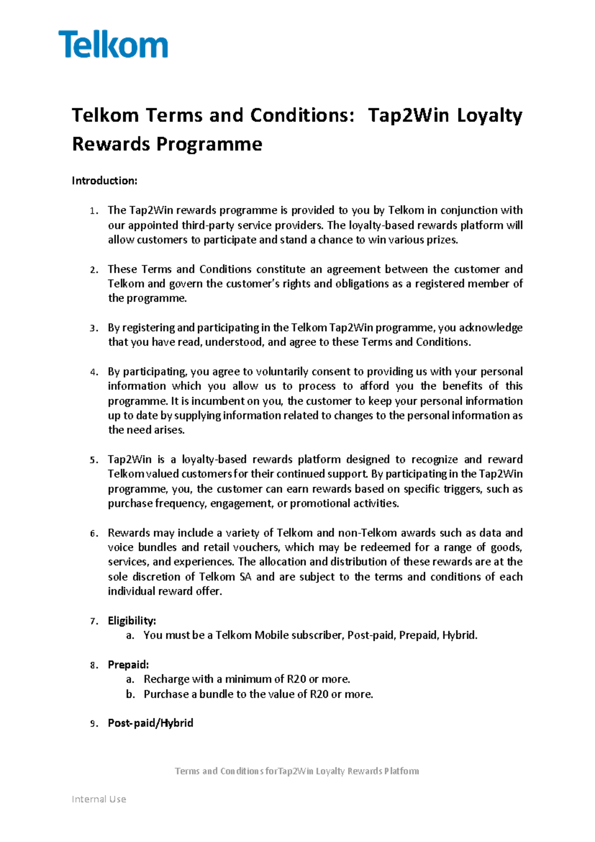 Telkom Tap2Win Loyalty Rewards Programme Terms & Conditions Overview ...