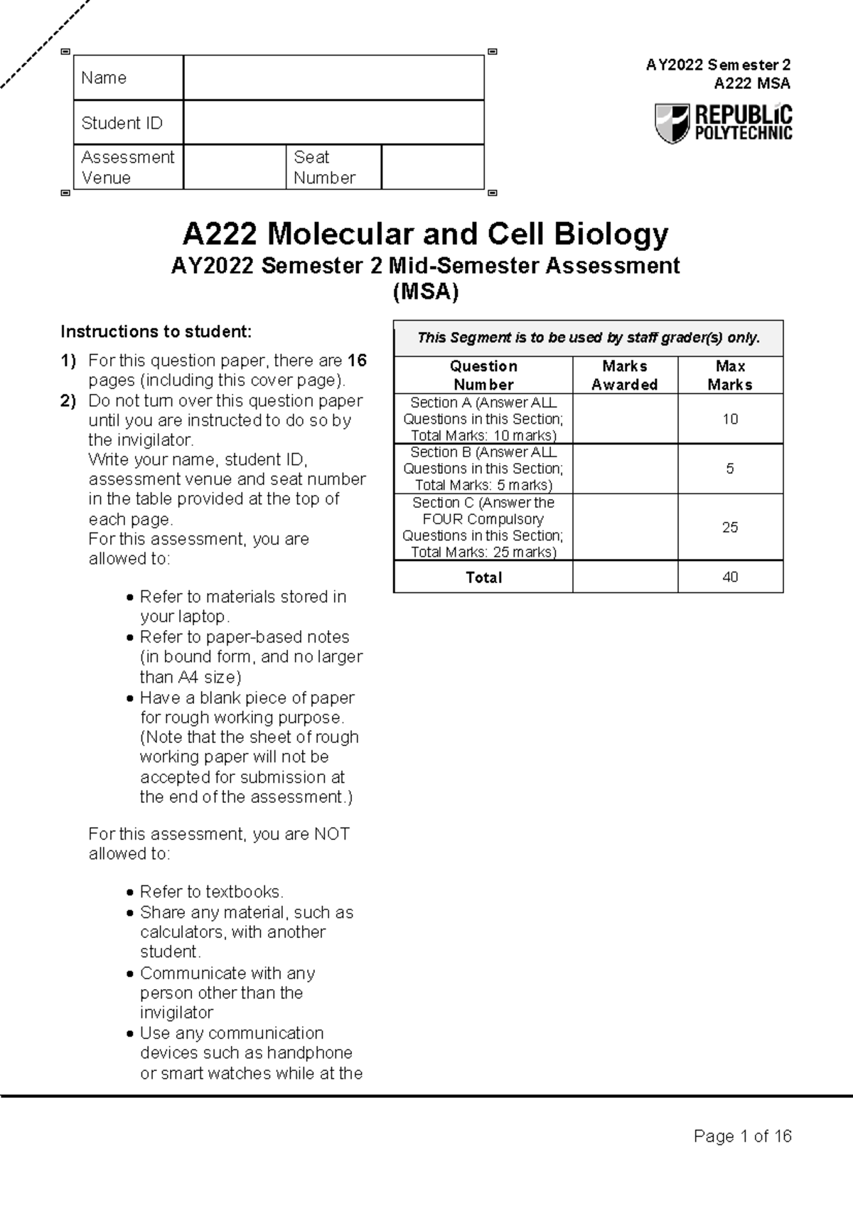 AY 2022 Sem 2 A222 Mid-Semester Assessment (MSA) - Molecular & Cell ...