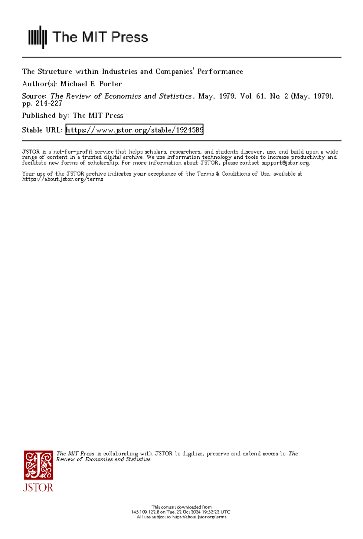 Porter's Framework on Industry Structure and Company Performance (1979 ...