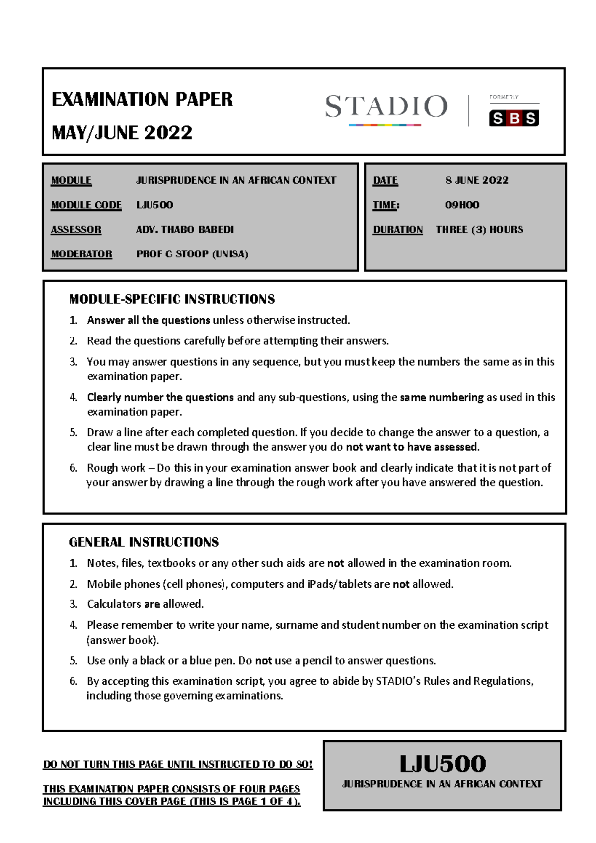 LJU500 EXAM Paper 2022 01 - GENERAL INSTRUCTIONS 1. Notes, files ...