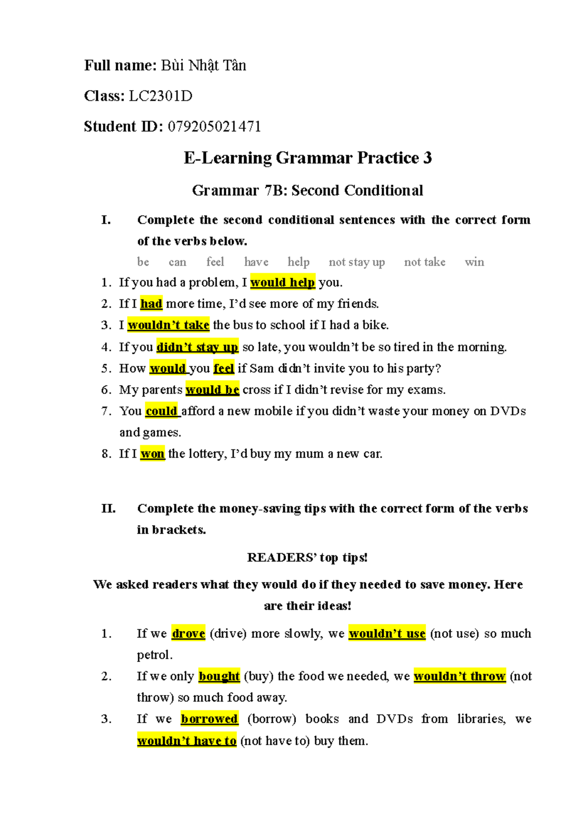 E-Learning Grammar Practice 3: Second Conditional Exercises for LC2301D ...