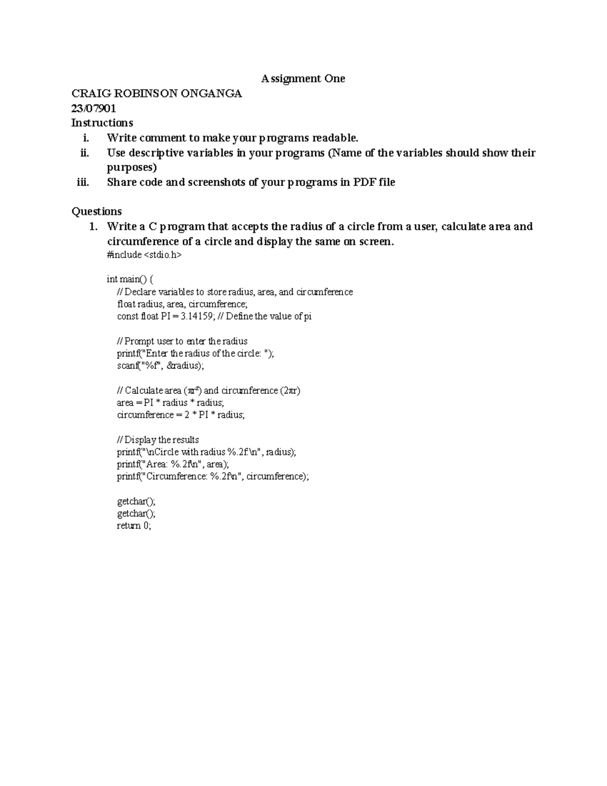 DIT 305 Assignment 1 - C Programming Tasks and Instructions - Studocu