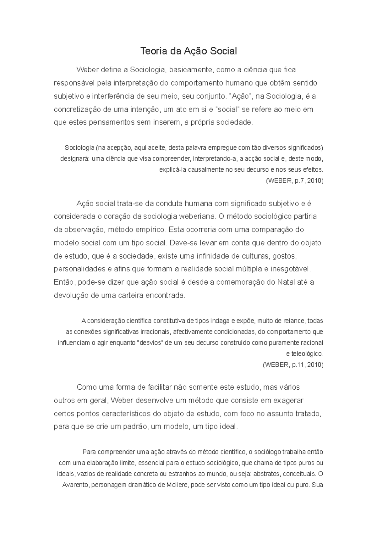 Resumo da Teoria da Ação Social de Weber - Sociologia 101 - Studocu