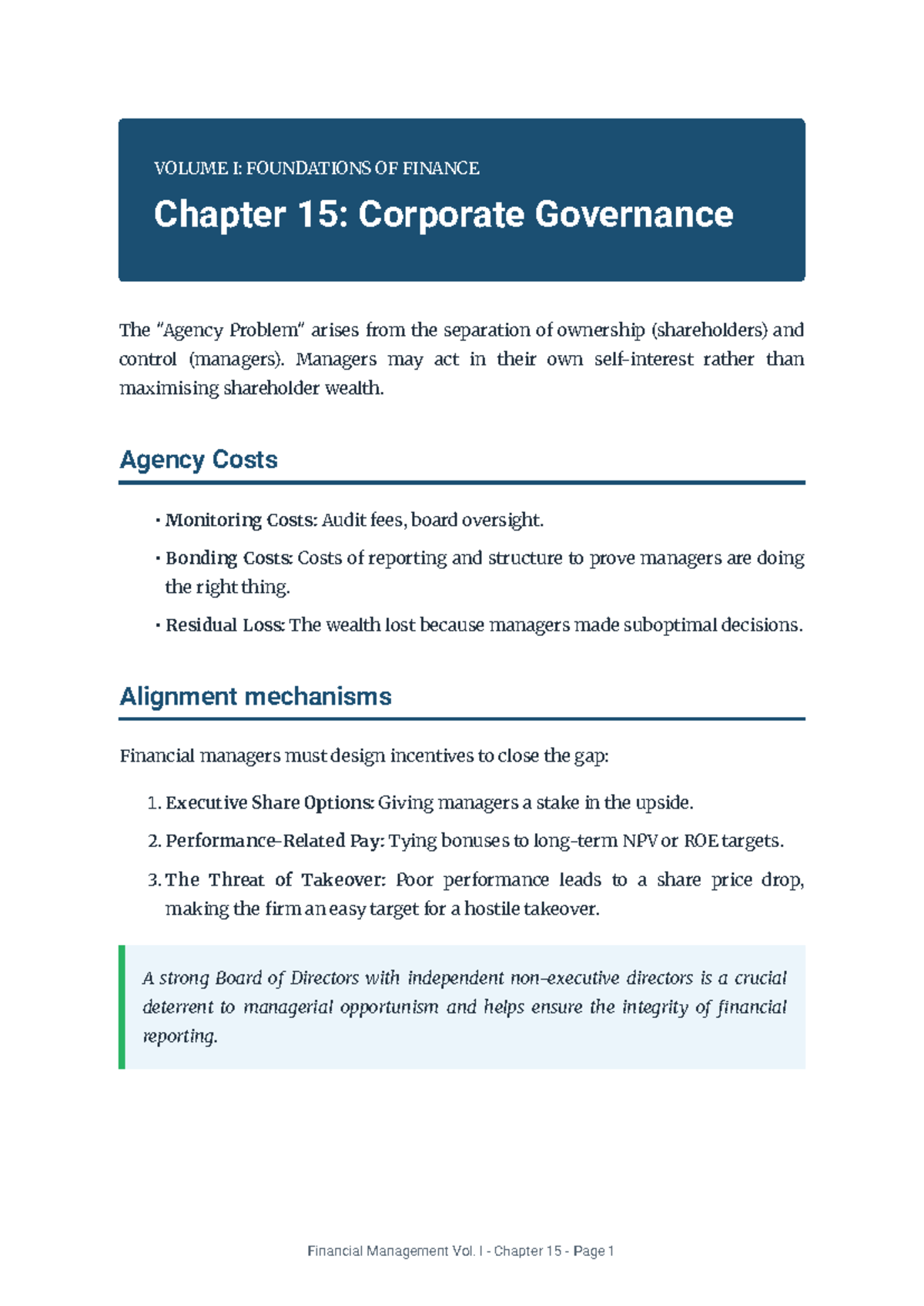 Financial Management V1 Ch15: Corporate Governance Insights - Studocu
