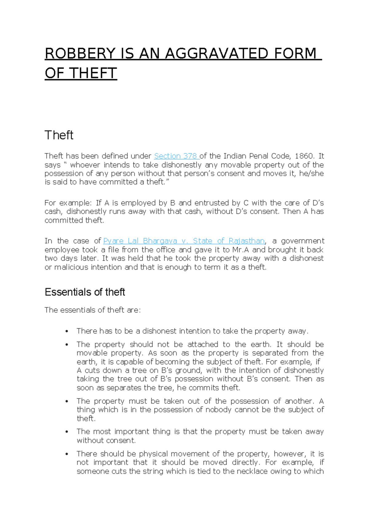 Robbery as an Aggravated Form of Theft: IPC Insights - Studocu