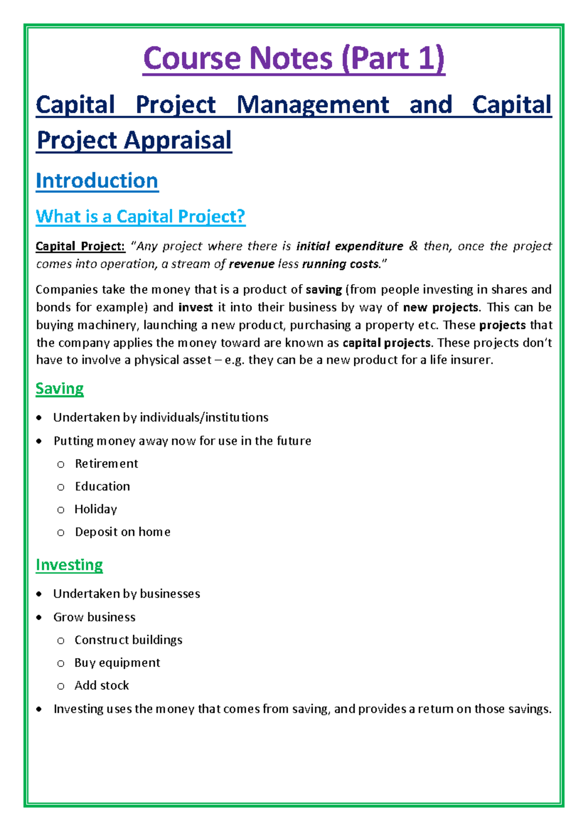 Capital Project Management & Appraisal Notes (Course Code: 7) - Studocu