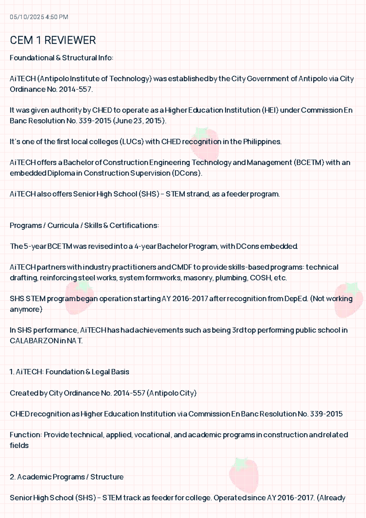 CEM 1 REVIEWER: Foundational Structural Info & Exam Prep Guide - Studocu