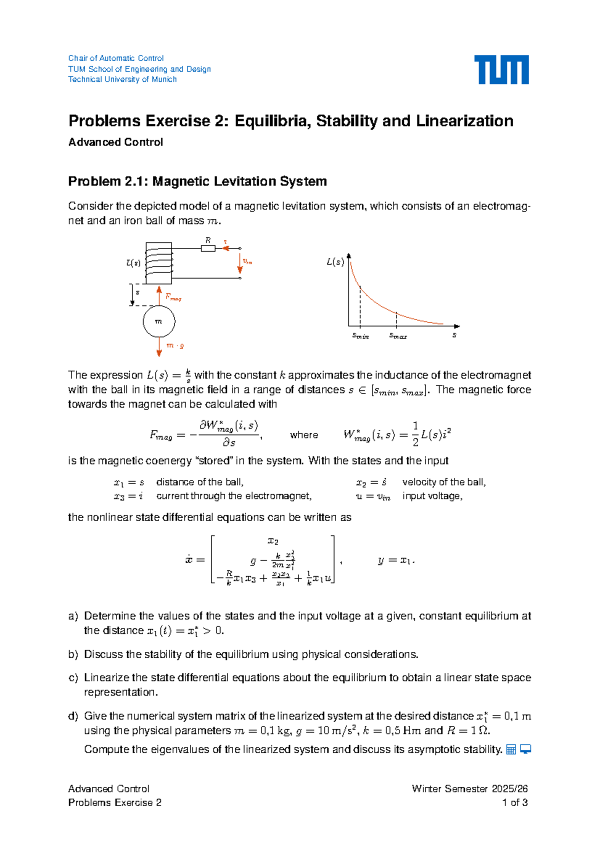 Advanced Control Problems Exercise 02: Equilibria & Stability Analysis ...