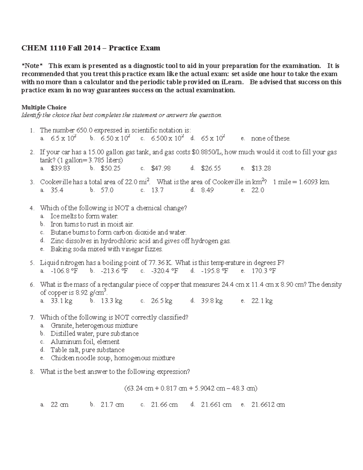 CHEM 1110 Fall 2014 – Practice Exam 1 Review Guide - Studocu