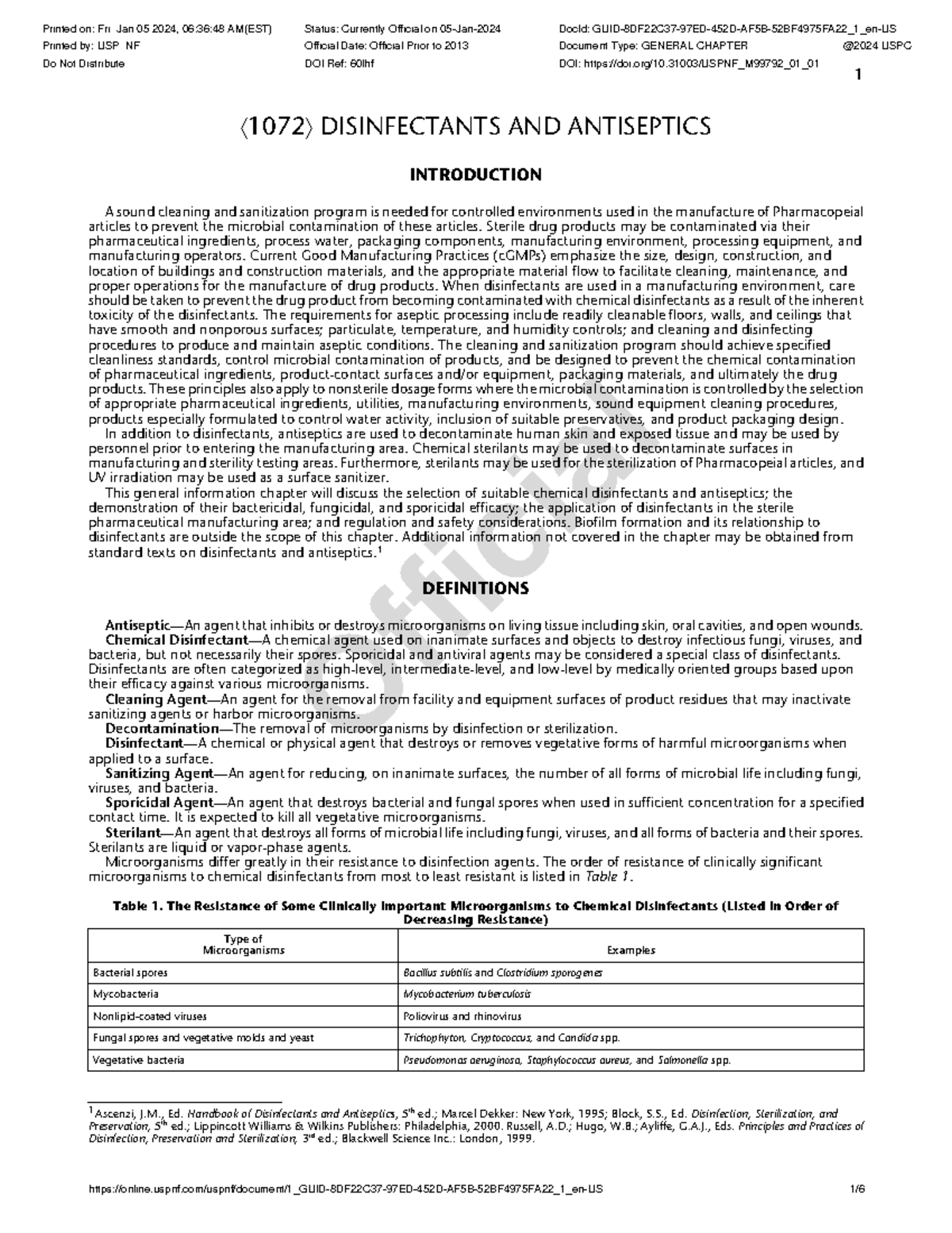 USP NF General Chapter: Disinfectants and Antiseptics Overview - Studocu