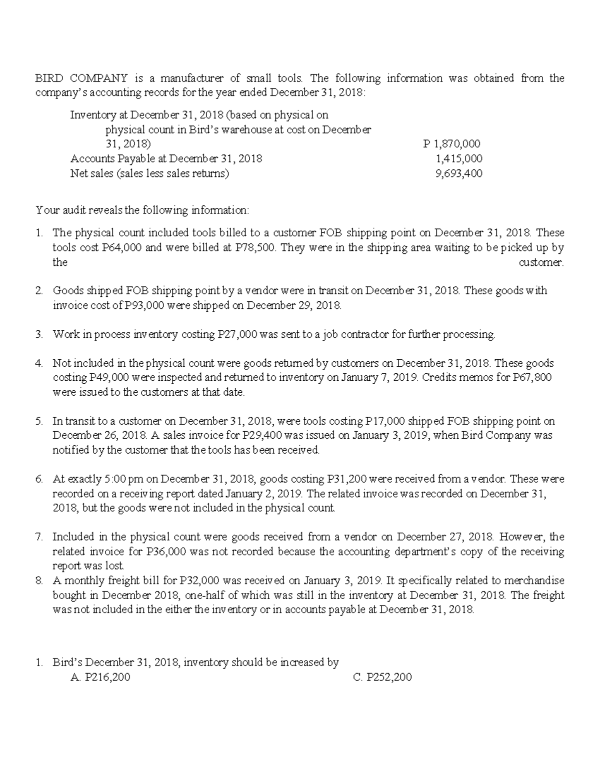 BIRD COMPANY Inventory and Accounts Payable Adjustments for 2018 - Studocu
