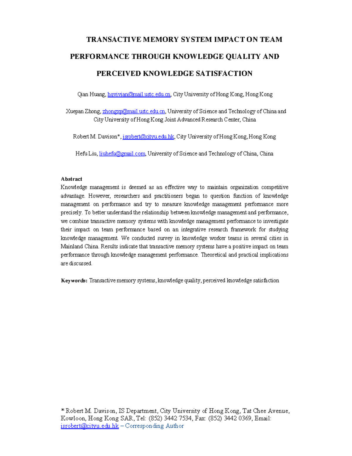 Transactive Memory Systems and Team Performance: Insights on Knowledge ...