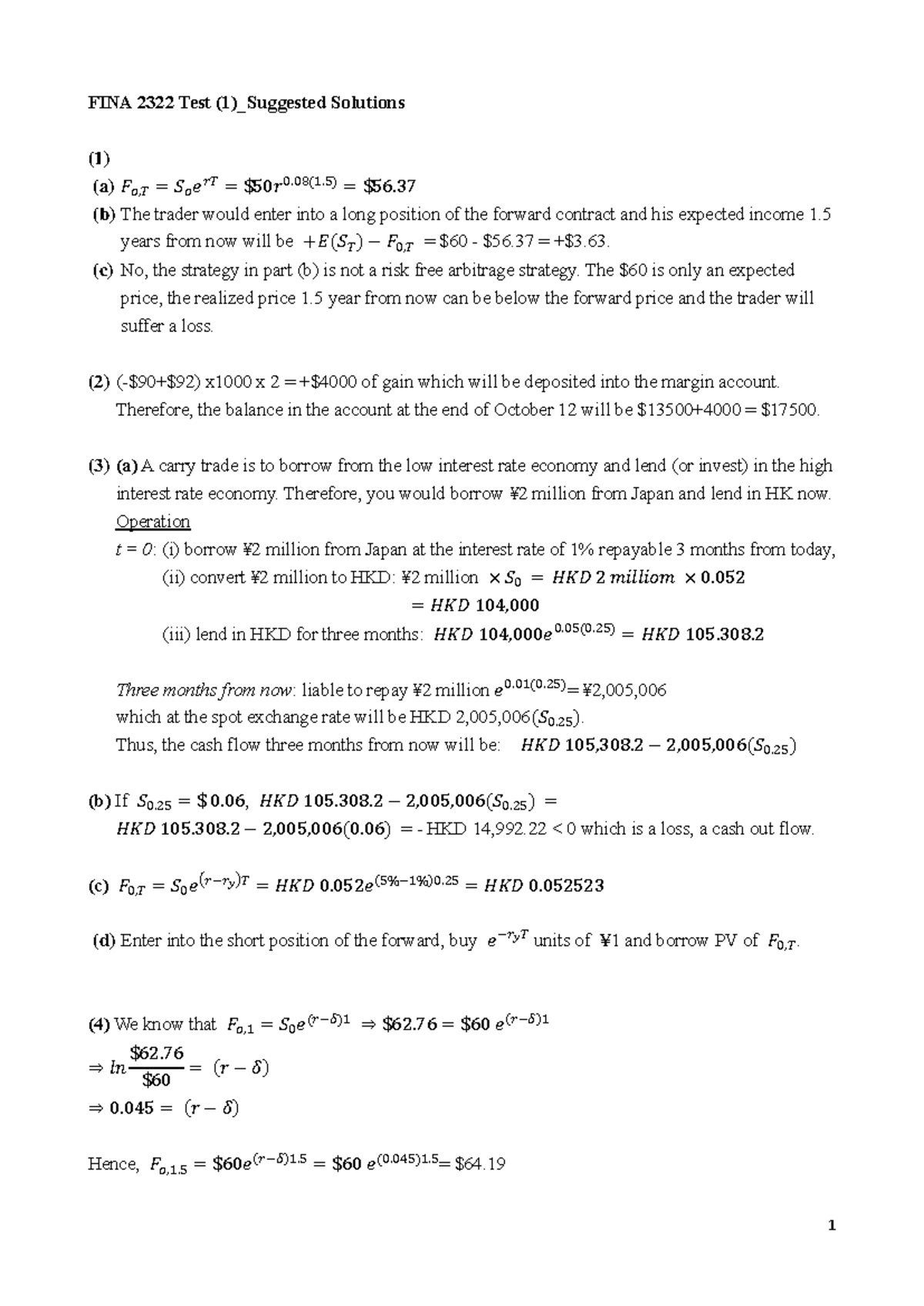 FINA 2322 Sample Test 1 2023 Suggested Solutions - Studocu