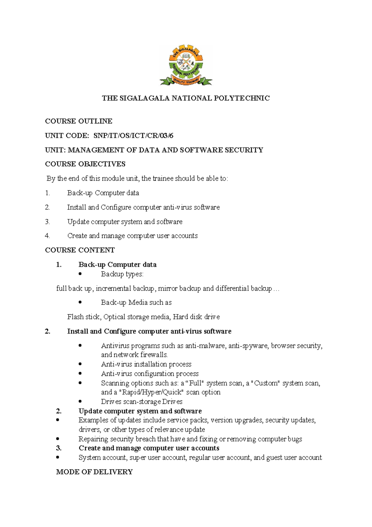 DATA AND SOFTWARE SECURITY Course Outline - Unit Code: Management - Studocu