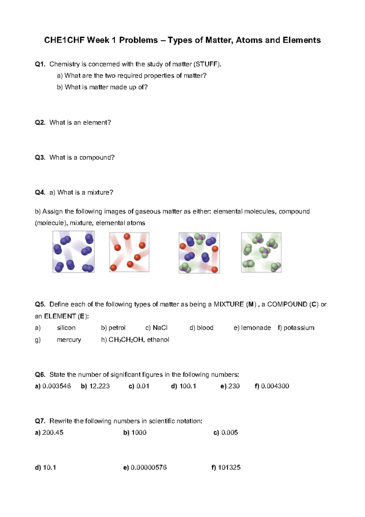 CHE1CHF 2023 Practice Assignments - Weeks 1 to 6 Problems - Studocu