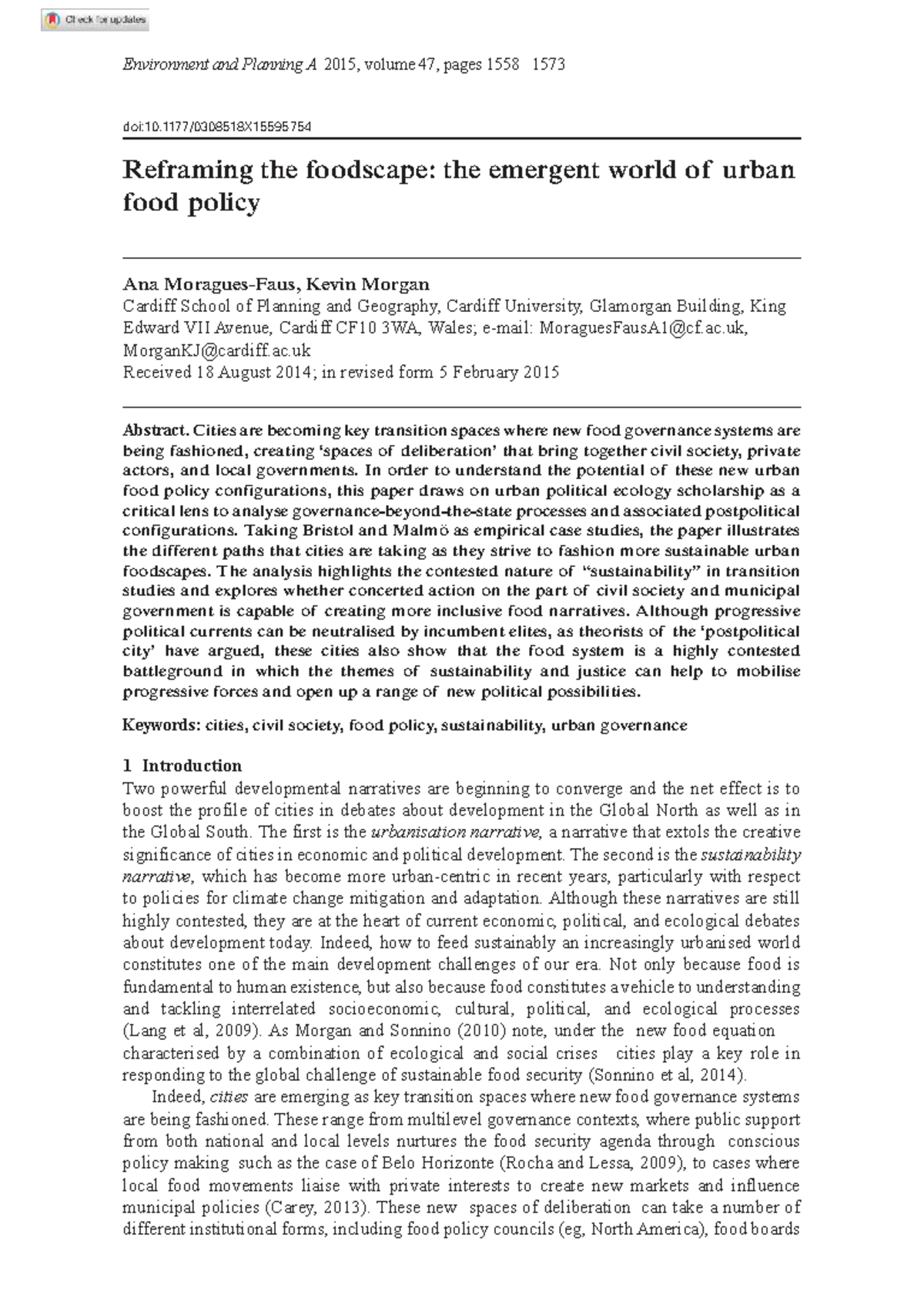 Reframing the foodscape: urban food policy in Bristol and Malmö (2015 ...