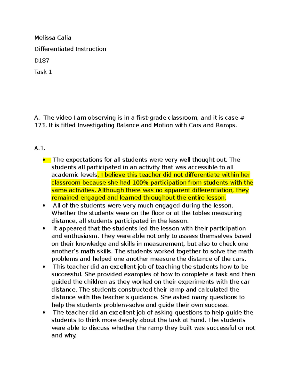 D187 Task 1: Case Study on Differentiated Instruction in Action - Studocu