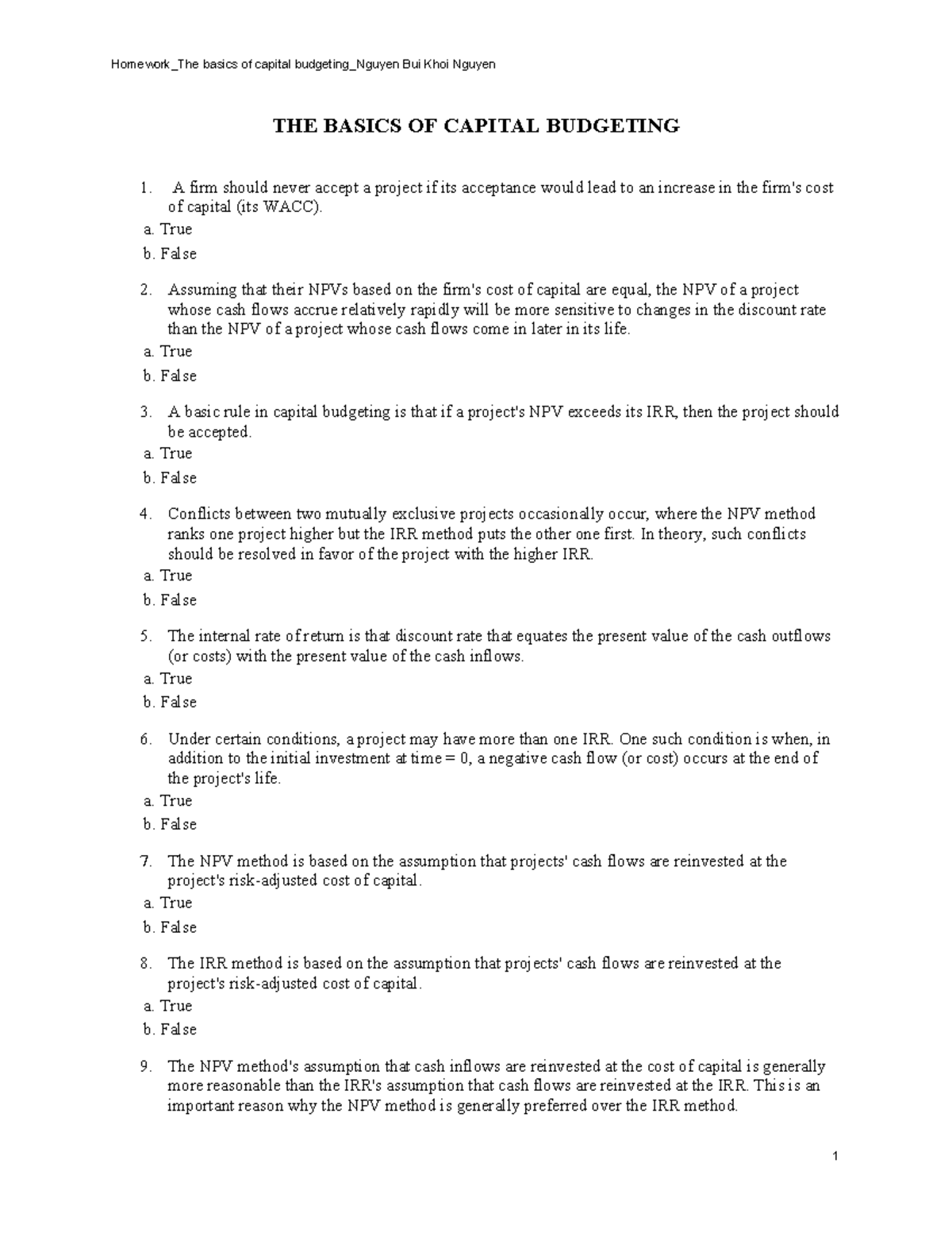 Homework: The Basics of Capital Budgeting (FIN 101) - Studocu