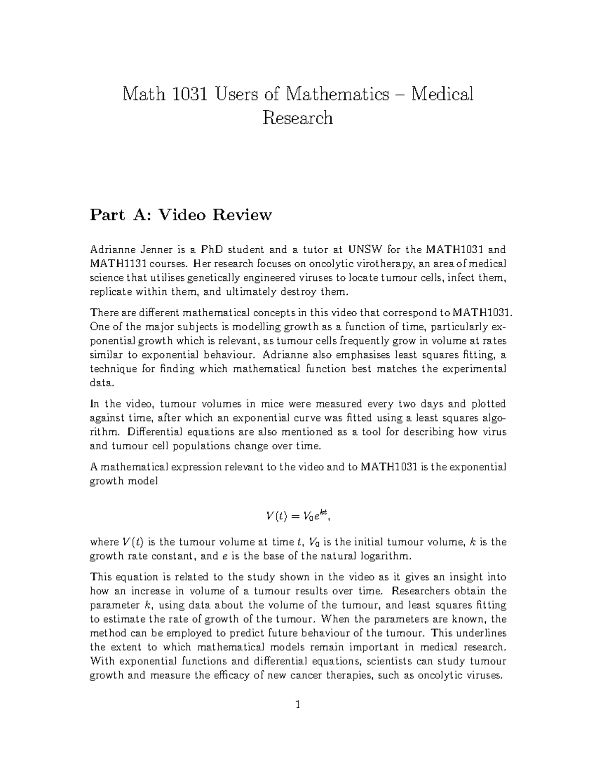 Math 1031 Assignment Part A: Video Review on Tumour Growth Models - Studocu