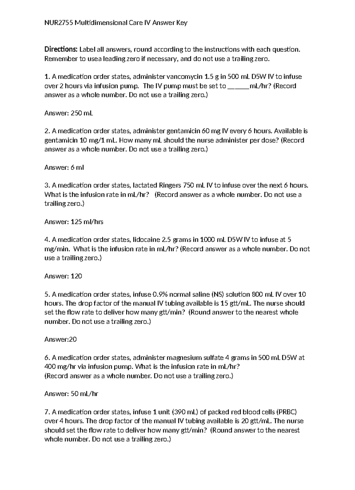 NUR2755 Multidimensional Care IV Dosage Calculation Answer Key - Studocu