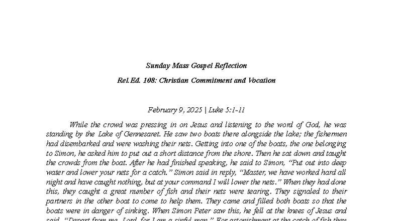 February 09 Reflection on Sunday Mass Gospel (Rel.Ed. 108) - Studocu