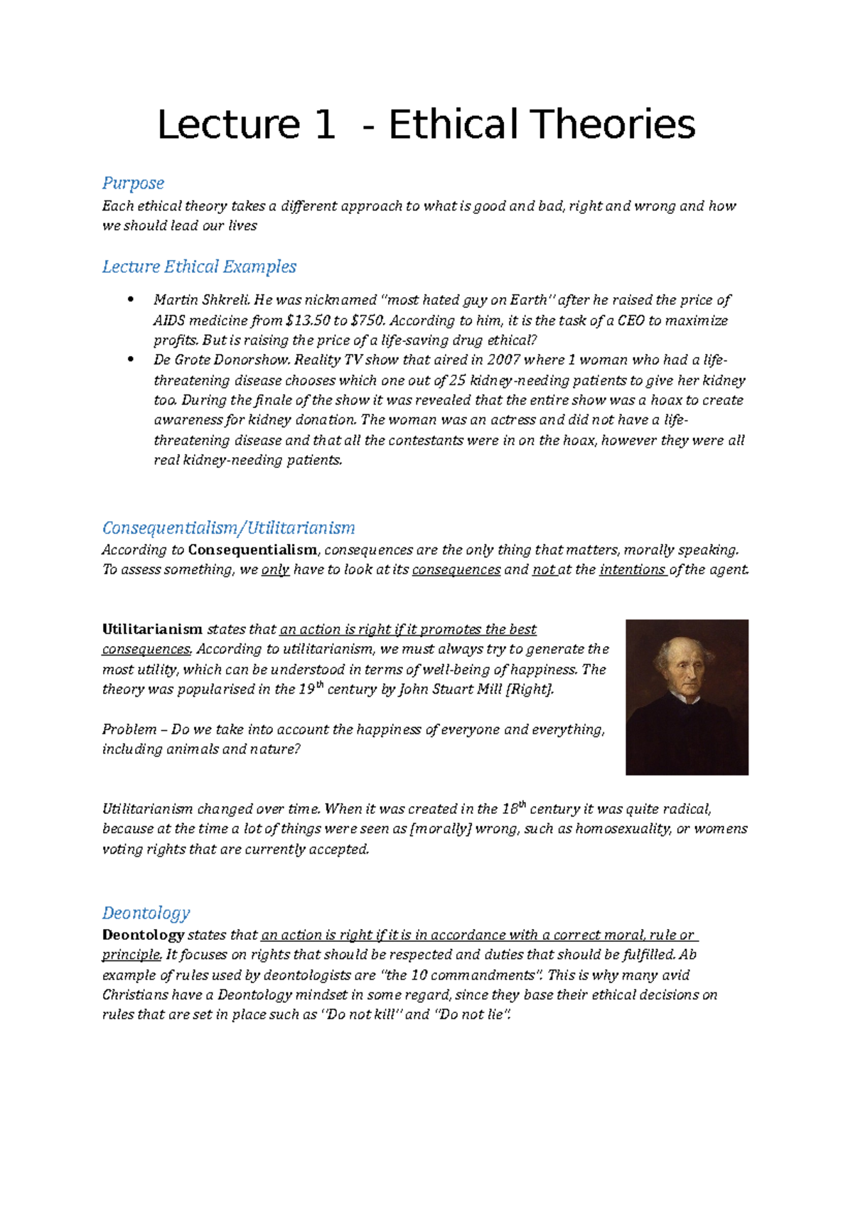 Ethical Theories Overview: Lecture 1 on Ethics (PHIL 101) - Studeersnel
