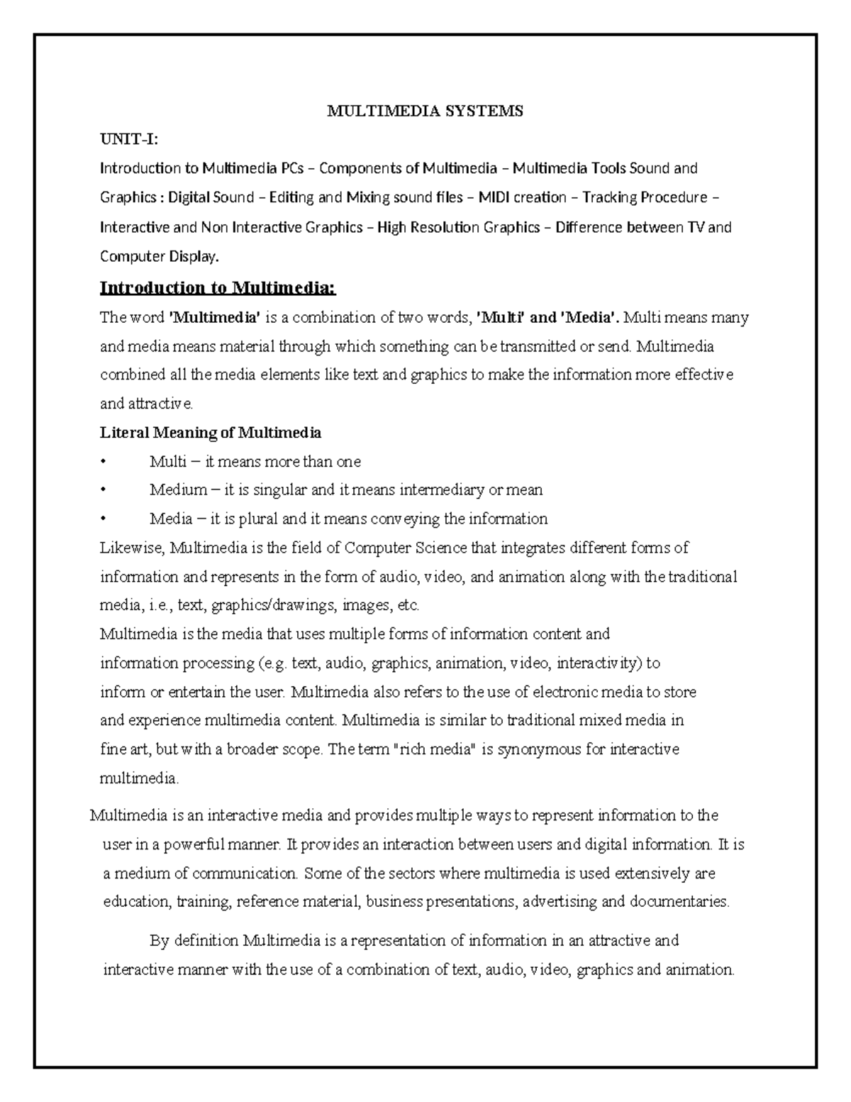 MMunit 1 - Module 1: Introduction to Multimedia Systems and Tools - Studocu