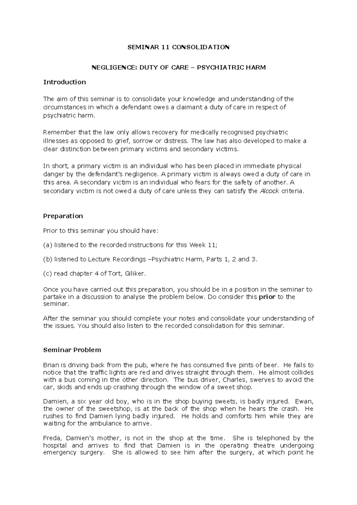 Tort Seminar 11 - 2020/21: Negligence & Duty of Care Overview - Studocu