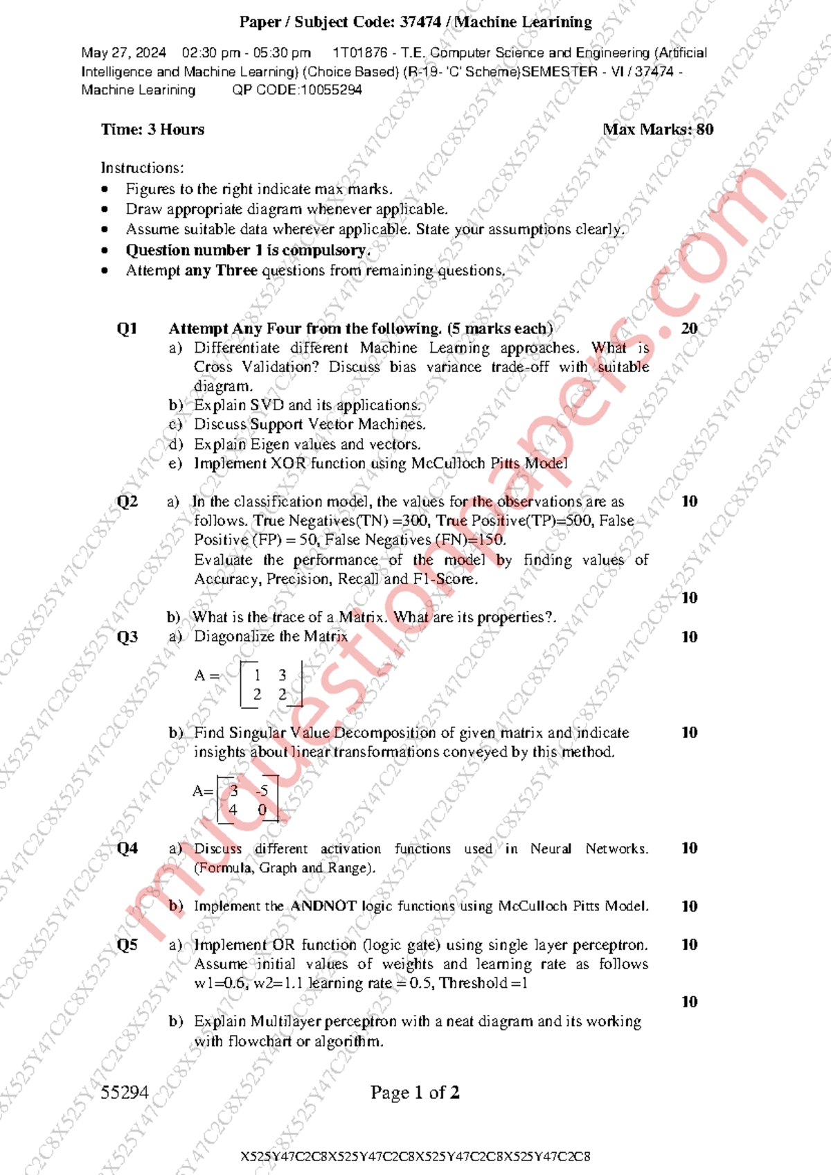 Machine Learning Exam QP SEM 6 37474 May 2024 - Rev 2019 CS Scheme ...