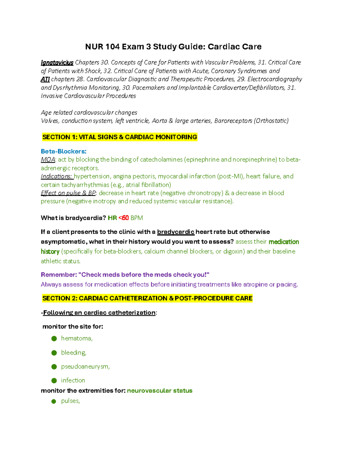NUR 104 Exam 3 Study Guide: Cardiac Care & ECG Concepts - Studocu