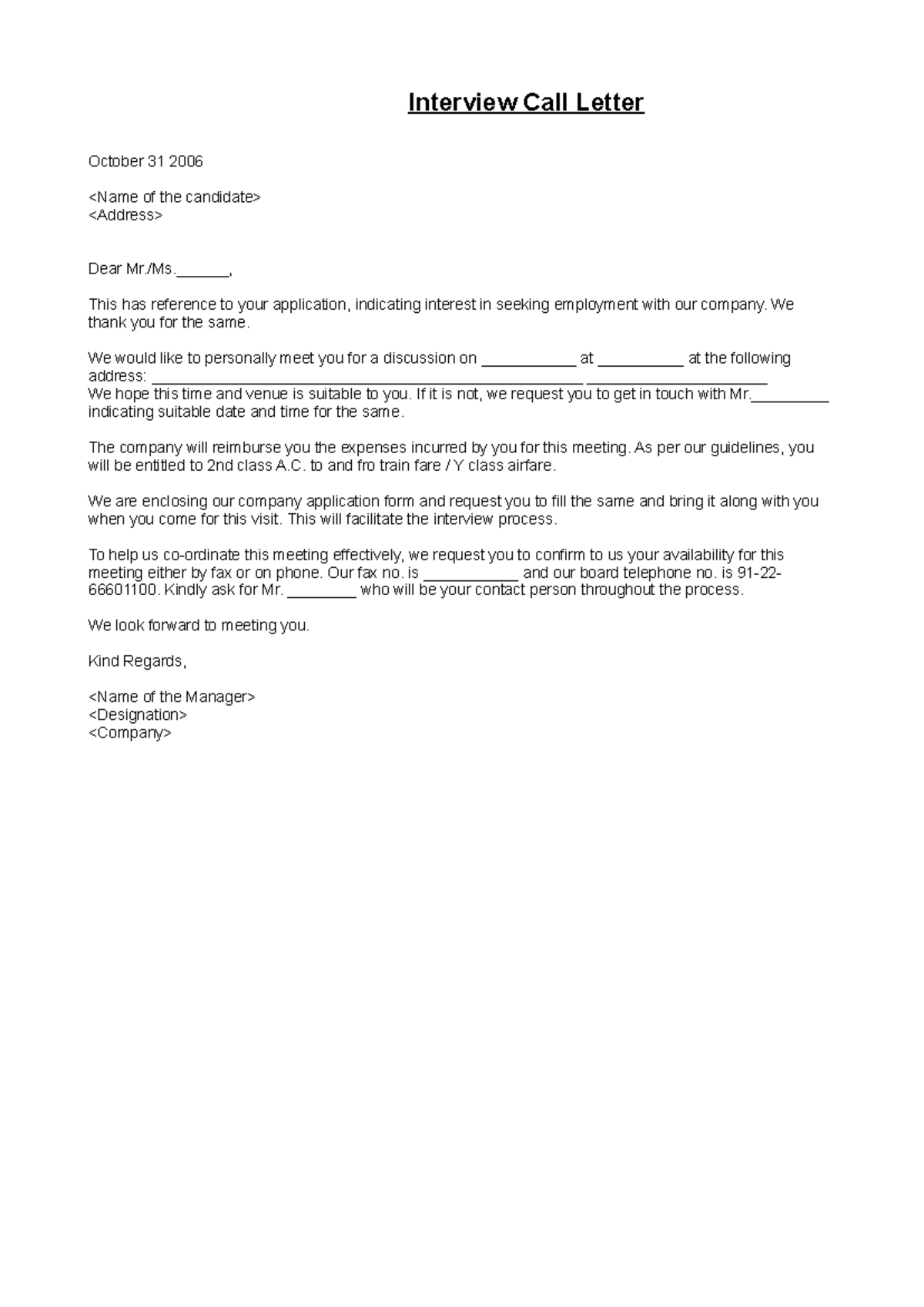 Various Letter Format drafts - Interview Call Letter October 31 2006 ...
