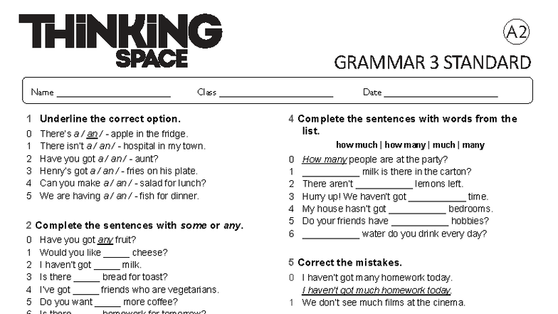 A2 GRAMMAR 3 STANDARD - Unit 3 Homework Exercises - Studocu