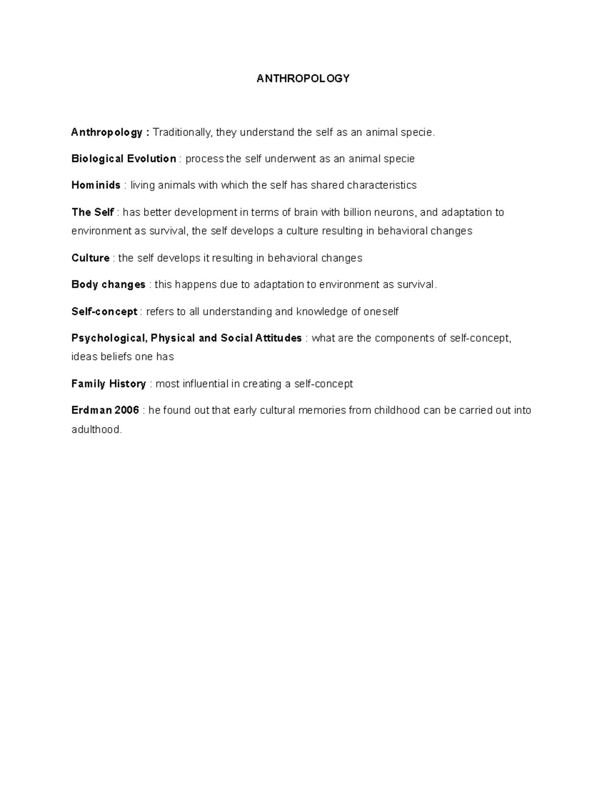 ANTH 101: Understanding the Self in Anthropology and Culture - Studocu
