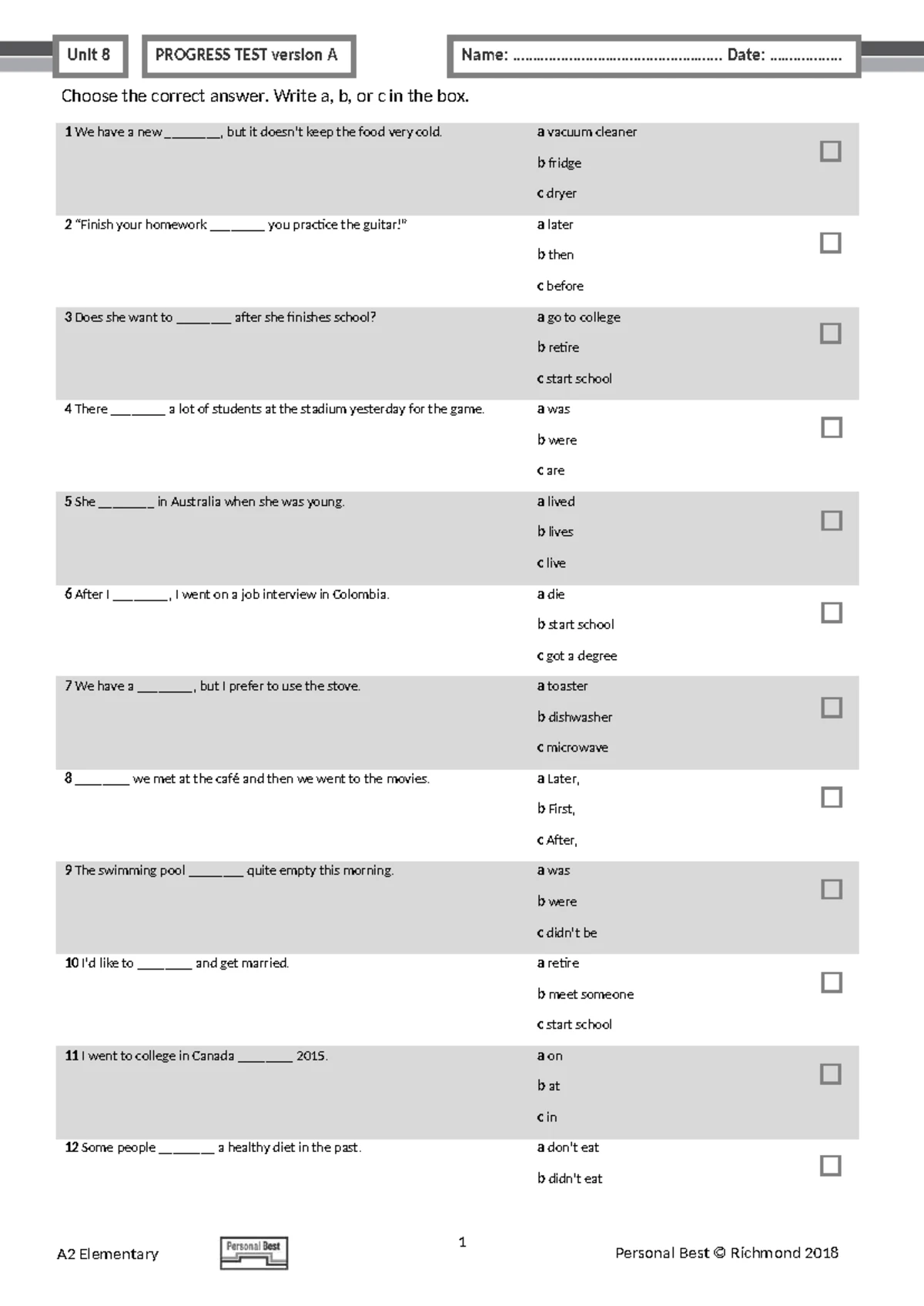 PB Am E A2 Unit 12 Progress Test Version A - Studocu