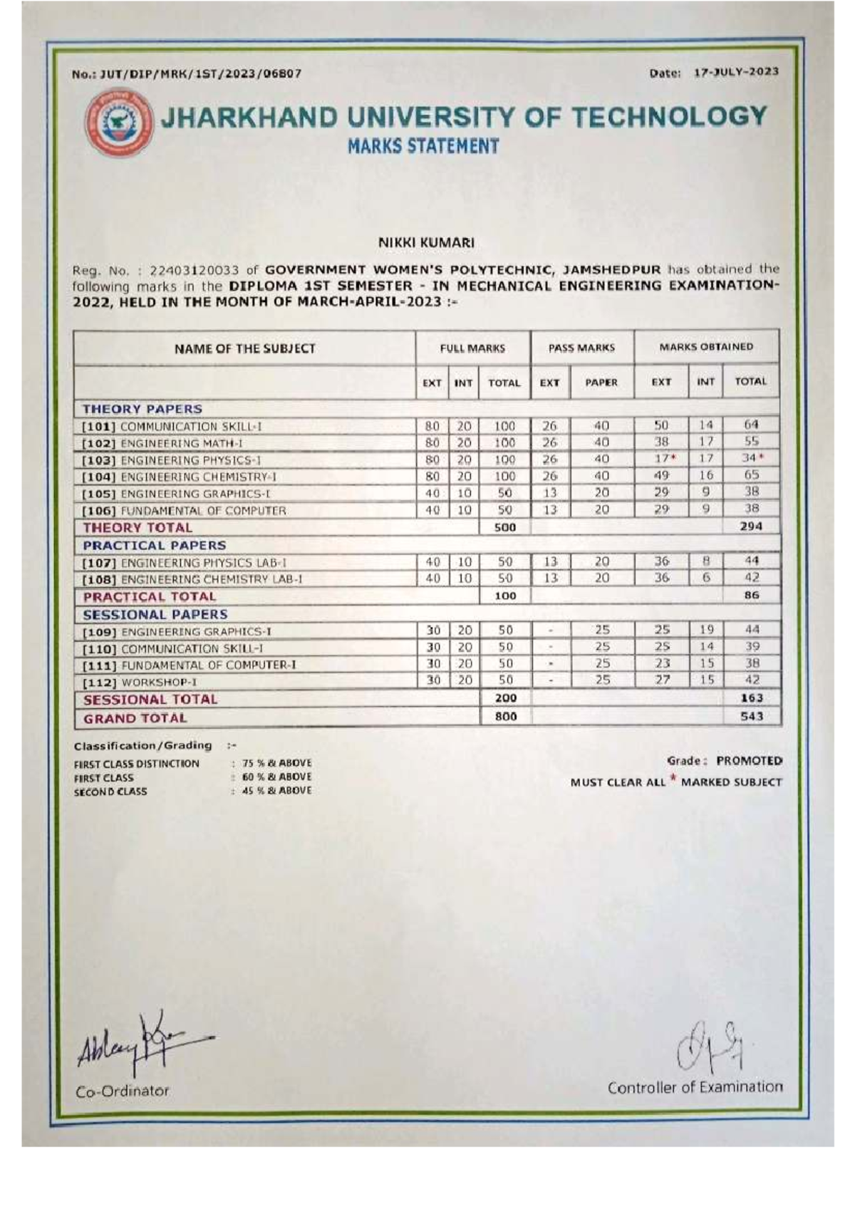 Diploma 1st Sem Mechanical Engineering Marks Statement - 2022 - Studocu