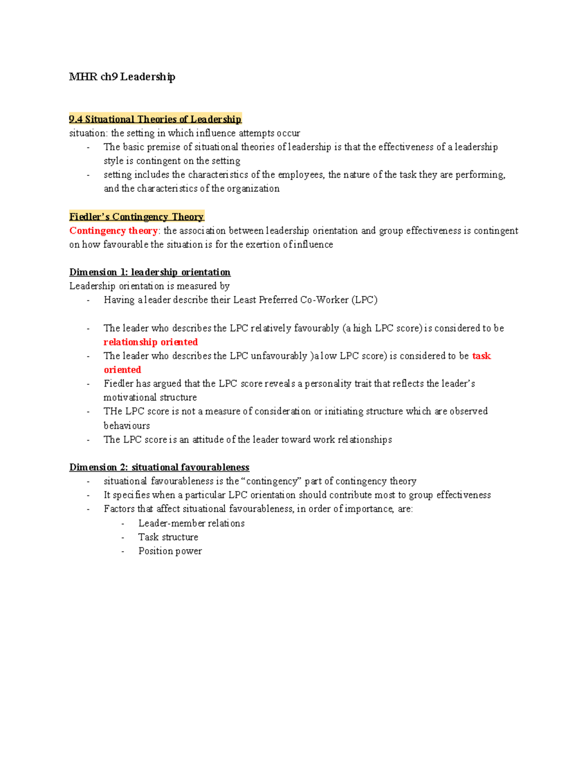 MHR 9.4 Situational Theories of Leadership and Effectiveness - Studocu