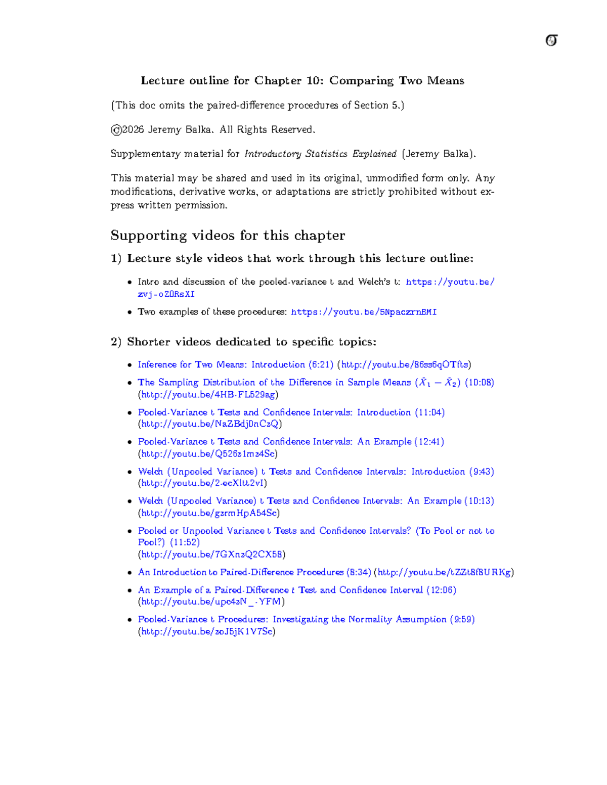 Lecture Outline for Chapter 10: Comparing Two Means (ISE 2MU) - Studocu