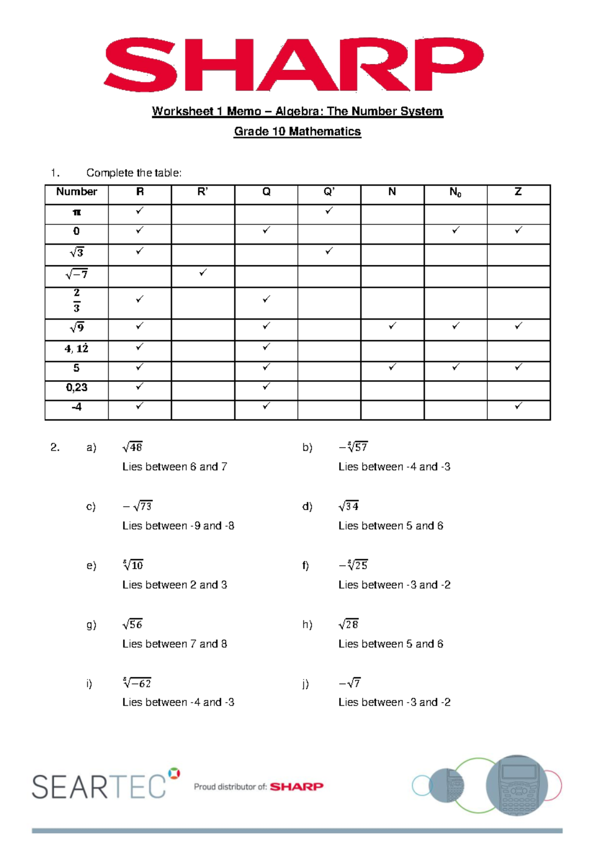 Grade 10 Math Worksheet 1 Memo: Algebra & The Number System - Studocu