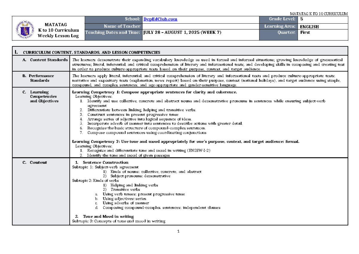 DLL Matatag K to 10 English 5 Weekly Lesson Log Q1 W7 - Studocu