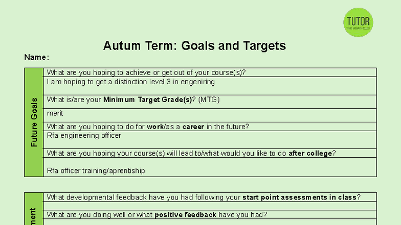 Autum Term Goals & Targets for Engineering Course - Studocu
