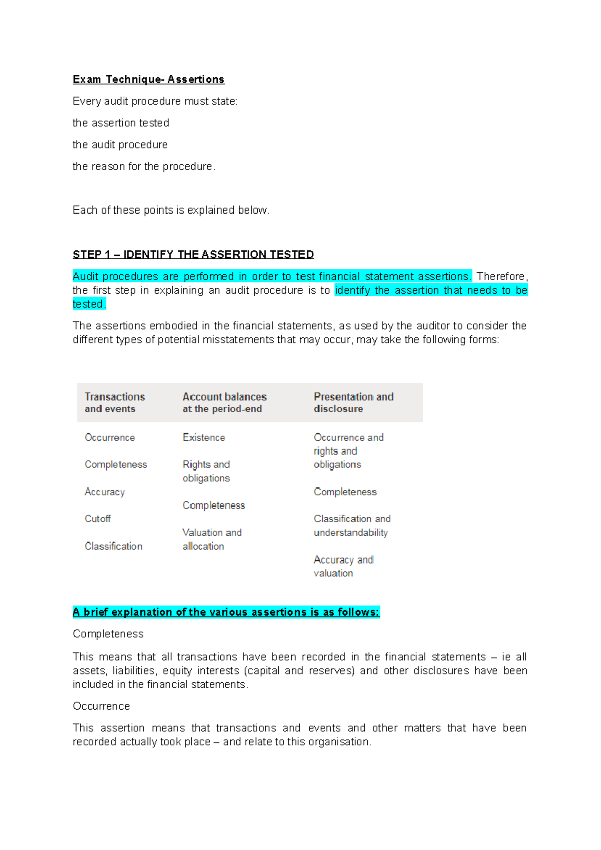 Exam technique - Assertions - Exam Technique- Assertions Every audit ...